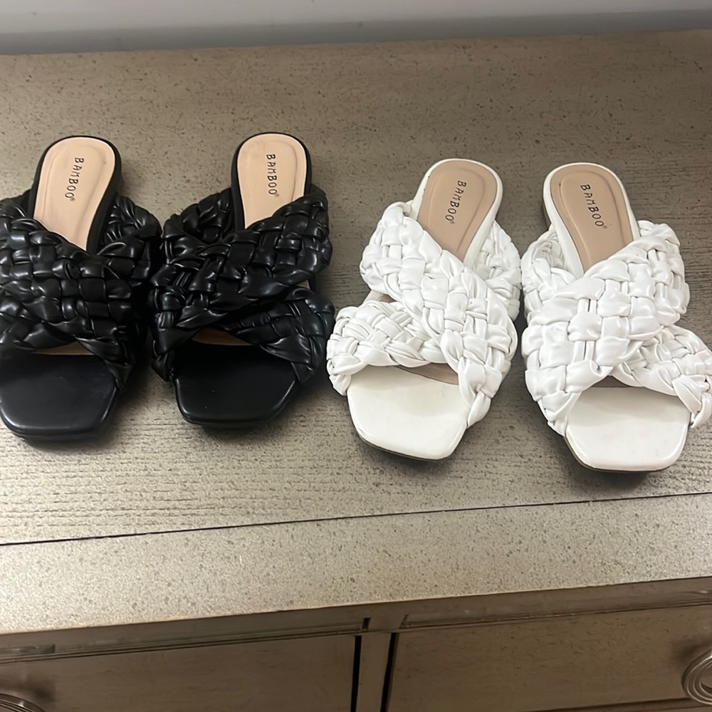 2 pairs bamboo slide on flat sandals slip on black and white flip-flops